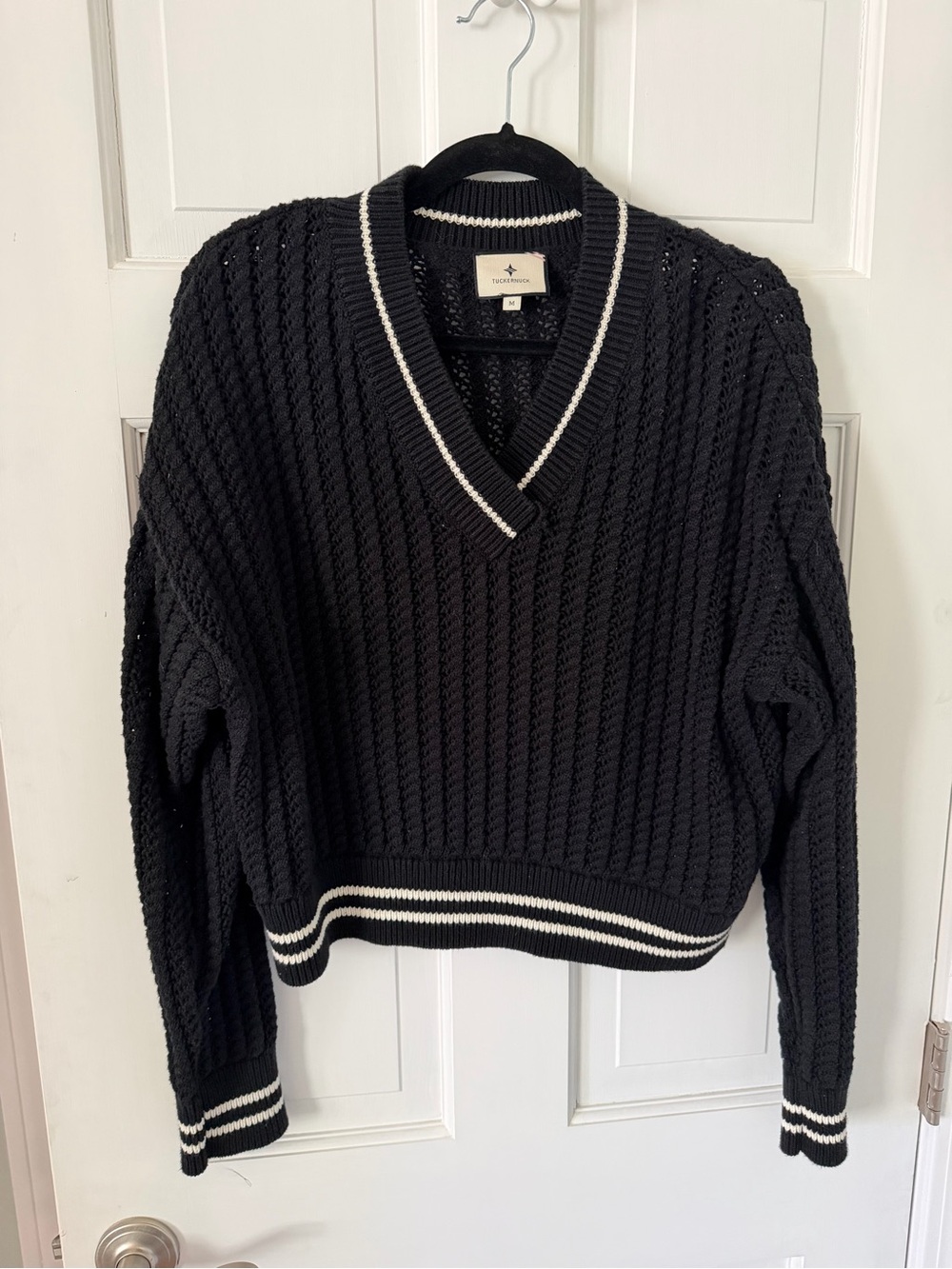 Tuckernuck Black V-Neck Cable Knit Sweater with White Stripes